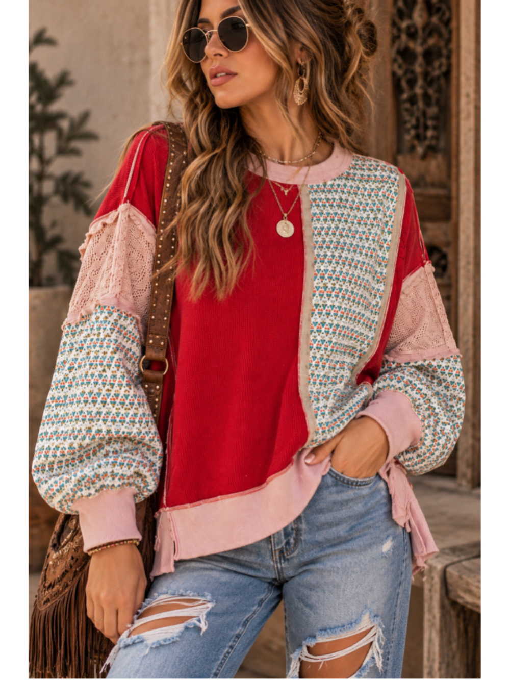 POL Mixed Harmony Patchwork Top Boho Oversized Size L